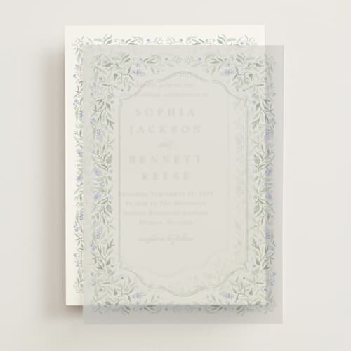 This is a periwinkle vellum overlays with standard by Kristen Smith called delicate vines printing on translucent vellum in overlay