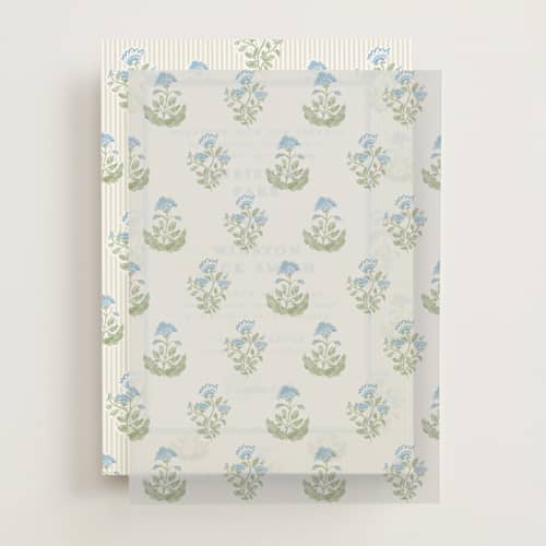This is a powder blue vellum overlays with standard by Creo Study called patterned florals printing on translucent vellum in overlay