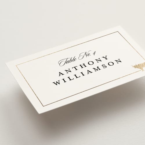 This is a vanilla wedding place cards with foil pressed by Stacy Maalouf called foil meal silhouettes printing on signature in placecard