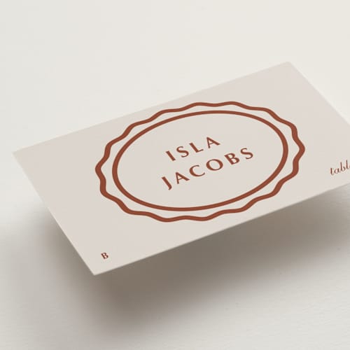 This is a champagne wedding place cards with standard by Baumbirdy called pearl printing on signature in placecard