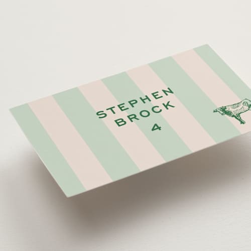 This is a mint wedding place cards with standard by Megan Davis called rhode printing on signature in placecard