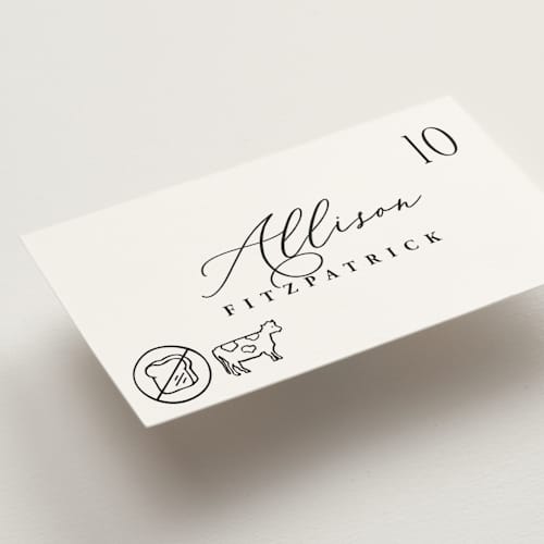 This is a ink wedding place cards with standard by Hooray Creative called chic script printing on signature in placecard