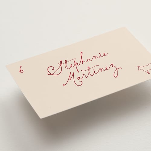 This is a cherry wedding place cards with standard by Creo Study called handwritten chic printing on signature in placecard