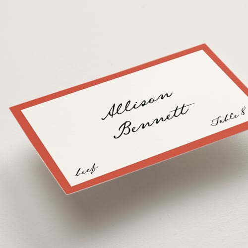 This is a strawberry wedding place cards with standard by Kelly Watkins called juniper printing on signature in placecard