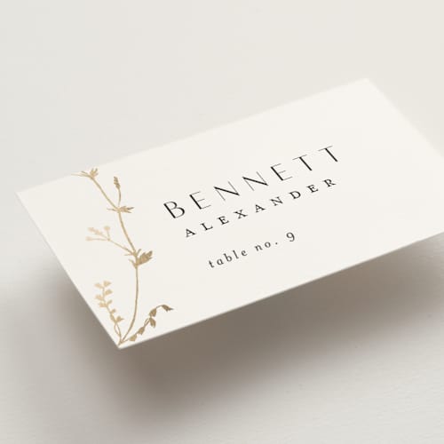 This is a cotton wedding place cards with foil pressed by Amy Kross called vine wrap printing on signature in placecard
