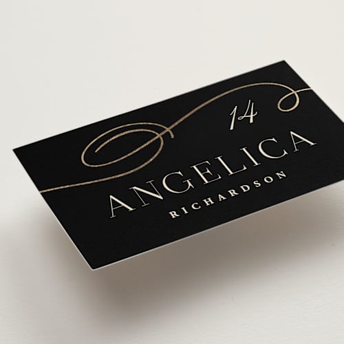 This is a onyx wedding place cards with foil pressed by Hooray Creative called black tie affair printing on signature in placecard
