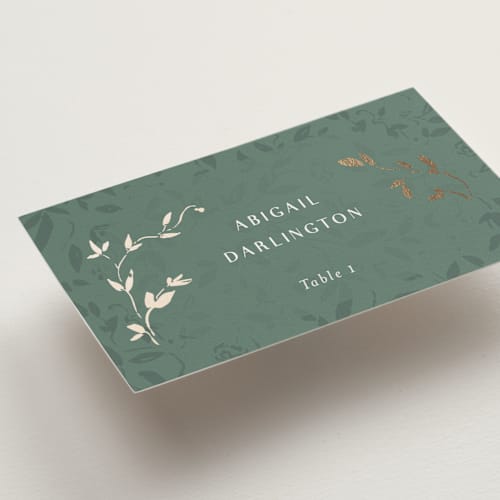 This is a eucalyptus wedding place cards with foil pressed by Simona Camp called southern romance printing on signature in placecard