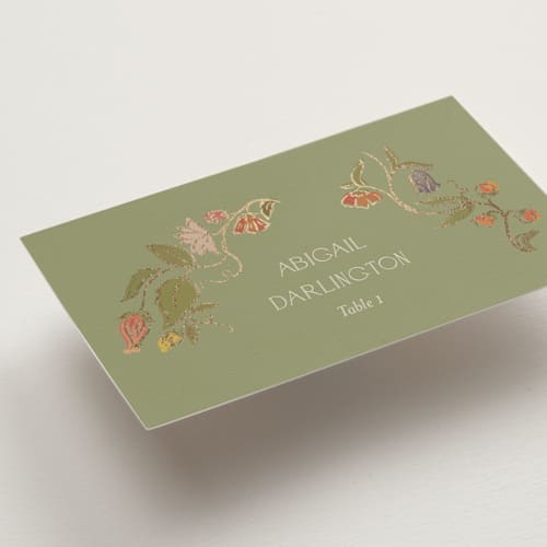 This is a mint wedding place cards with foil pressed by Simona Camp called radiant botany printing on signature in placecard