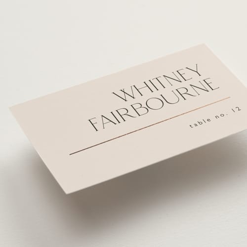 This is a linen wedding place cards with foil pressed by Kelly Schmidt called modern corner printing on signature in placecard
