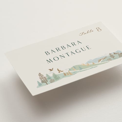 This is a evergreen wedding place cards with foil pressed by Paper Sun Studio called mountaintop printing on signature in placecard