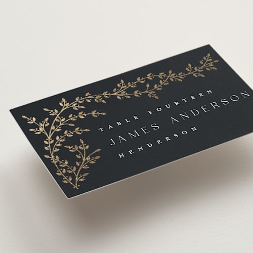 This is a midnight wedding place cards with foil pressed by Ana de Sousa called beautiful chuppah printing on signature in placecard