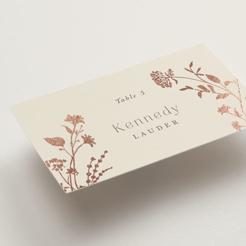 This is a creme brulee wedding place cards with foil pressed by Jennifer Wick called queen anne's lace printing on signature in placecard