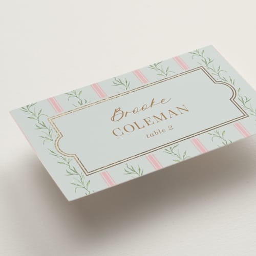 This is a hummingbird wedding place cards with foil pressed by Claudia Orengo called castle printing on signature in placecard
