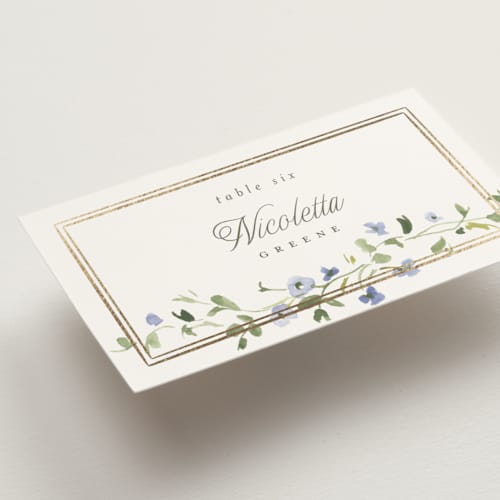 This is a bluebell wedding place cards with foil pressed by Everett Paper Goods called flowering vine printing on signature in placecard