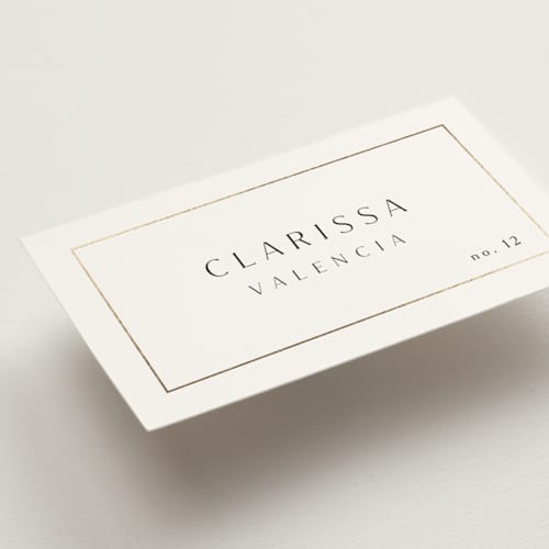 This is a silk wedding place cards with foil pressed by Kelly Schmidt called arcadia printing on signature in placecard