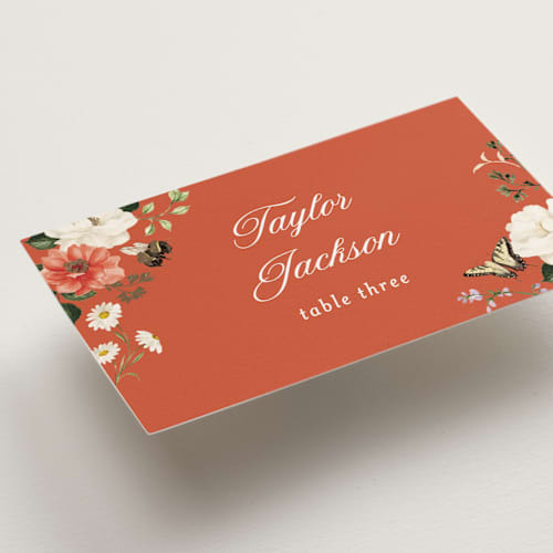 This is a verona sunset wedding place cards with foil pressed by Sarah Knight called fleur printing on signature in placecard