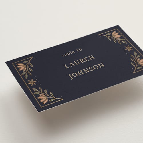 This is a navy wedding place cards with foil pressed by Jess Rosa Beck called botanical tapestry printing on signature in placecard