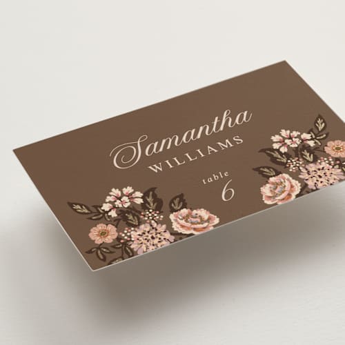 This is a chocolate wedding place cards with foil pressed by Paola Benenati called blooming path printing on signature in placecard