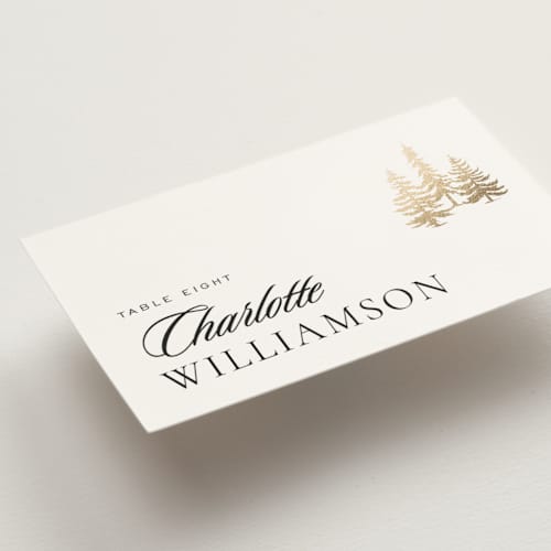 This is a snow wedding place cards with foil pressed by Stacy Maalouf called gilded forest printing on signature in placecard