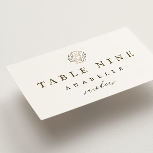 This is a pearl wedding place cards with foil pressed by Maria Alou called by the seashore printing on signature in placecard