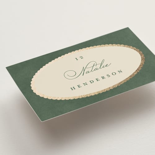 This is a rosemary wedding place cards with foil pressed by Emily Betts called vintage oval printing on signature in placecard
