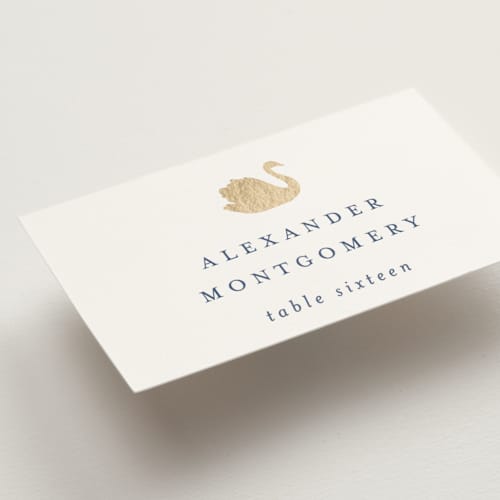 This is a lakes wedding place cards with foil pressed by Sarah Knight called swan song printing on signature in placecard