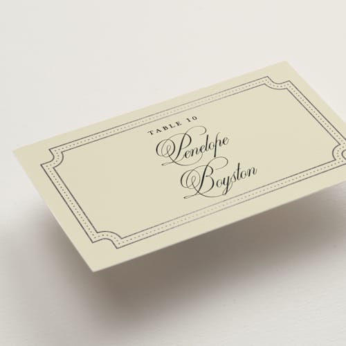 This is a cream wedding place cards with foil pressed by Jennifer Lew called honeybee printing on signature in placecard