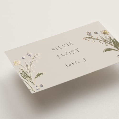 This is a petal wedding place cards with foil pressed by Nicoletta Savod called parisian garden printing on signature in placecard