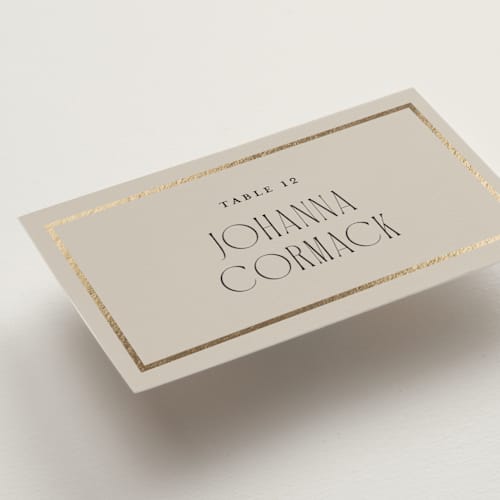 This is a champagne wedding place cards with foil pressed by Kristin Oliversen called luxe lines printing on signature in placecard