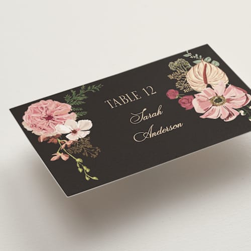 This is a blush wedding place cards with foil pressed by Susan Moyal called flouriishing printing on signature in placecard