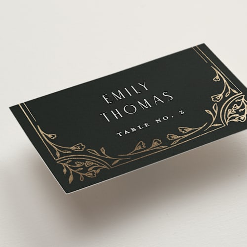 This is a onyx wedding place cards with foil pressed by Nicoletta Savod called majesty printing on signature in placecard