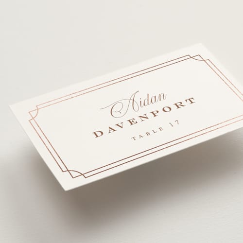 This is a rose wedding place cards with foil pressed by chocomocacino called fleur-de-sel printing on signature in placecard