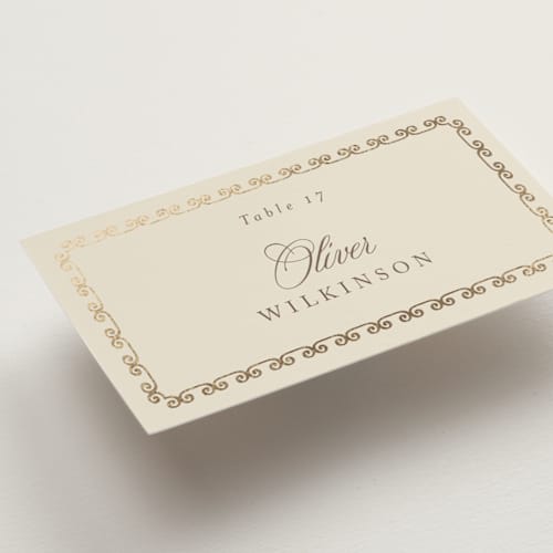 This is a champagne wedding place cards with foil pressed by Deynaaz Daraei called ahlum printing on signature in placecard