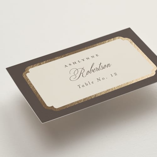 This is a cognac wedding place cards with foil pressed by Emily Betts called arch frame printing on signature in placecard