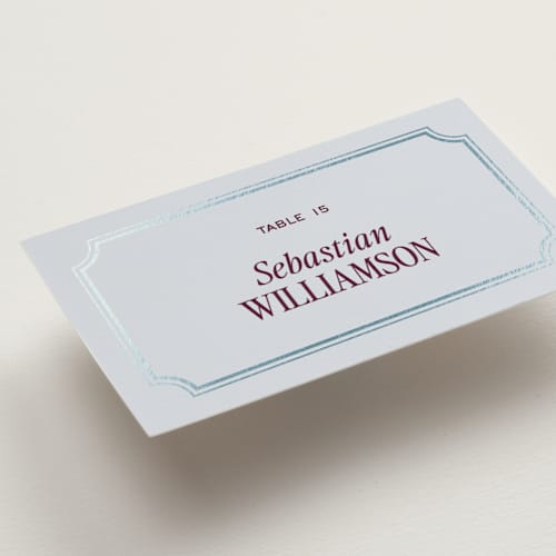 This is a celestial wedding place cards with foil pressed by Jenna Holcomb called modern vintage printing on signature in placecard