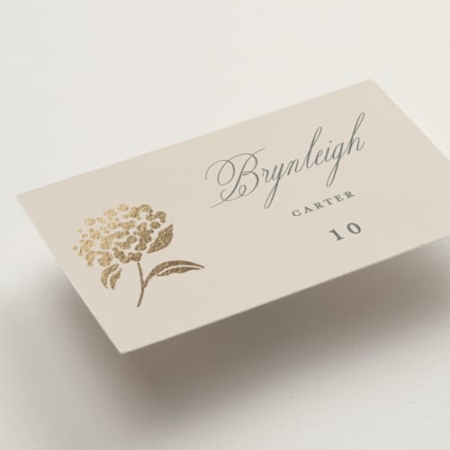 This is a tea time wedding place cards with foil pressed by Susan Zinader called shimmering hydrangeas printing on signature in placecard