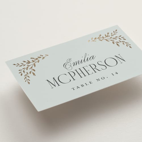 This is a mist wedding place cards with foil pressed by Laura Hankins called enchanted printing on signature in placecard