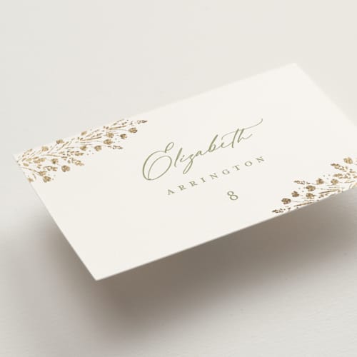 This is a leaf wedding place cards with foil pressed by Kristie Kern called villa printing on signature in placecard