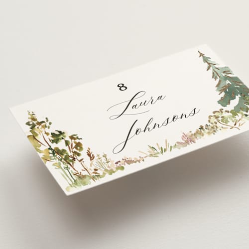 This is a forest wedding place cards with foil pressed by Petra Kern called great outdoors printing on signature in placecard