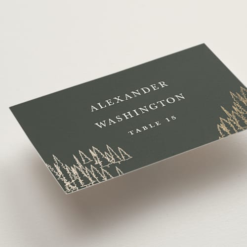 This is a hunter wedding place cards with foil pressed by Sarah Brown called peaks printing on signature in placecard
