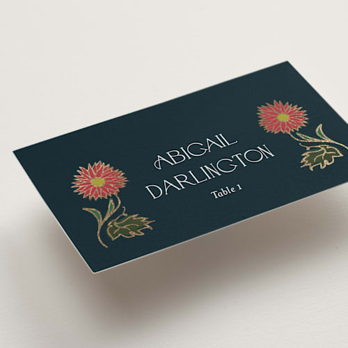 This is a midnight garden wedding place cards with foil pressed by Simona Camp called gilded tapestry printing on signature in placecard