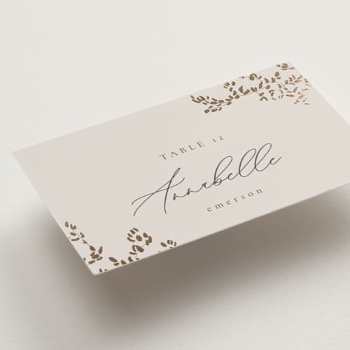 This is a luxe neutral wedding place cards with foil pressed by Design Lotus called forever and a day printing on signature in placecard