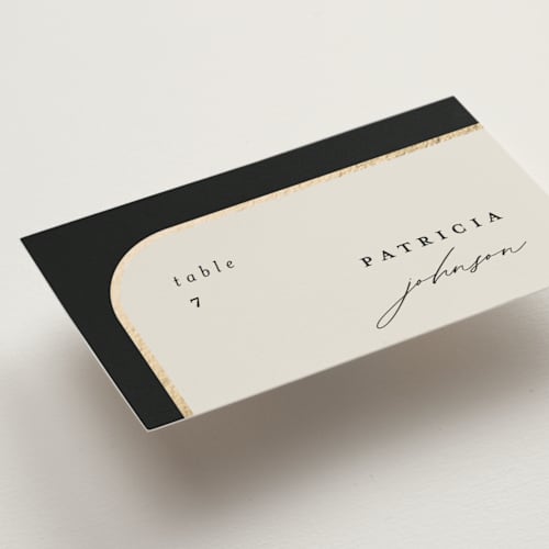 This is a black tie wedding place cards with foil pressed by Carolyn Nicks called tuxedo printing on signature in placecard