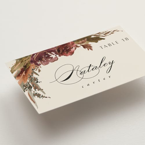 This is a autumn wedding place cards with foil pressed by Kate Ahn called poetique printing on signature in placecard