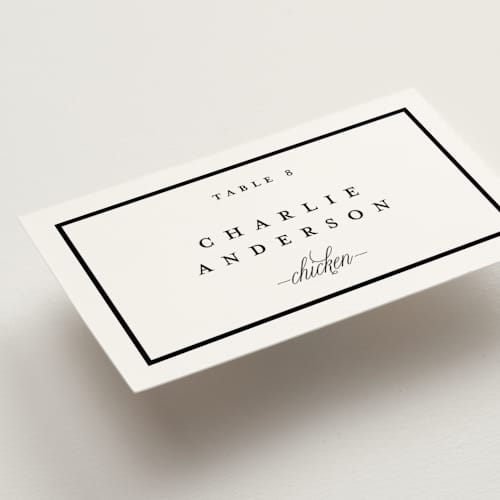 This is a noir wedding place cards with standard by mo kelley called the day printing on signature in placecard