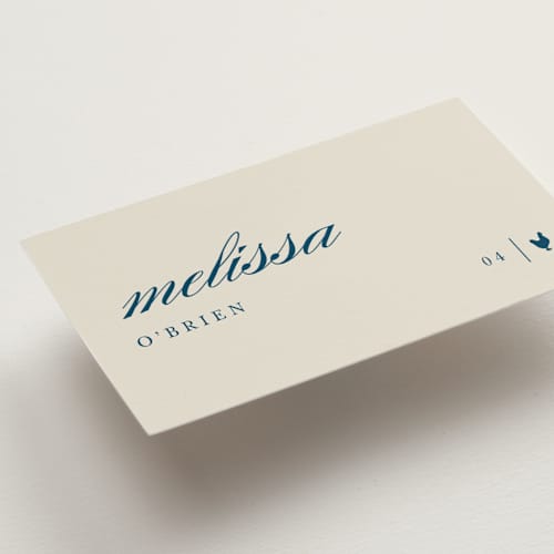 This is a linen wedding place cards with standard by Sierra Lee called scripted printing on signature in placecard