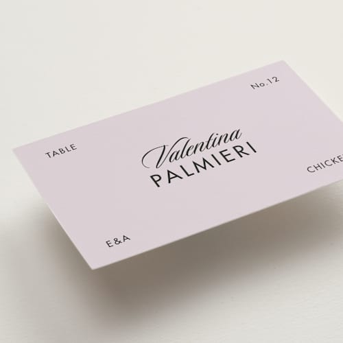This is a lilac wedding place cards with standard by Tamara Hilje called cinematique printing on signature in placecard