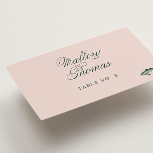 This is a rose wedding place cards with standard by Megan Davis called hepburn printing on signature in placecard