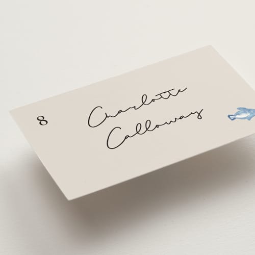 This is a champagne wedding place cards with standard by Lucrecia Caporale called handmade printing on signature in placecard