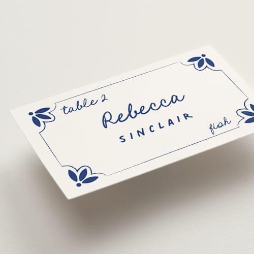 This is a azure wedding place cards with standard by Zani van Zyl called tile card printing on signature in placecard